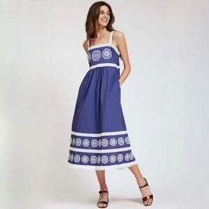 Tyler Boe Candie Midi Dress - Blue with White Embroidery - Size 6